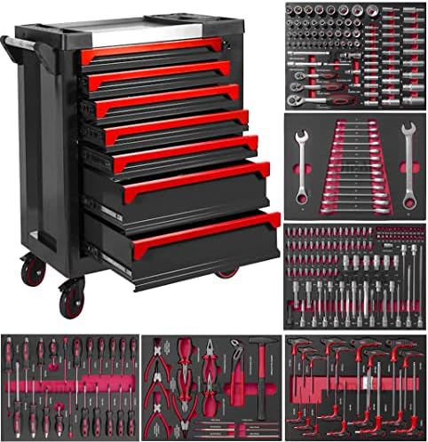 Carro de herramientas 7 cajones con puerta lateral y módulos EVA rojo negro