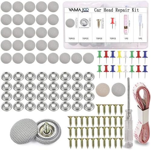 Kit de reparación para techo de auto con pines grises destornillador y cinta métrica