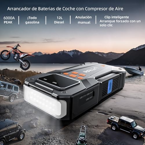 Arrancador batería auto con compresor guantes carga rápida luz LED