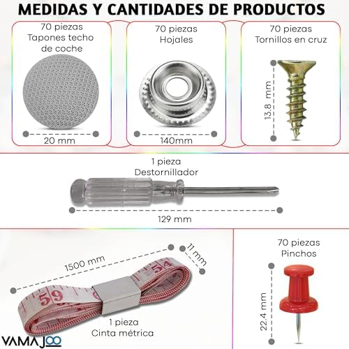 Kit de reparación para techo de auto con pines grises destornillador y cinta métrica